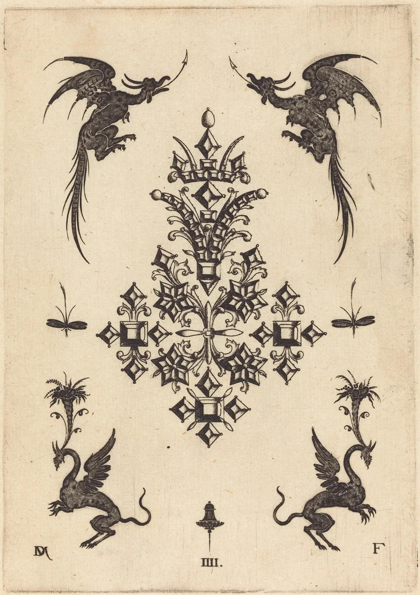 Brooch with Table-Stones, Winged Dragons at Top, and Griffins at Bottom by Daniel Mignot, print, 1596