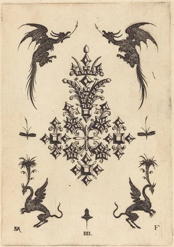 Brooch with Table-Stones, Winged Dragons at Top, and Griffins at Bottom by Daniel Mignot, print, 1596
