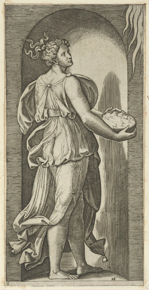 Hope personified as a woman standing in a niche facing right, holding a container of unleavened bread in both hands, from "The Virtues" by Marcantonio Raimondi, print, 1510-1520