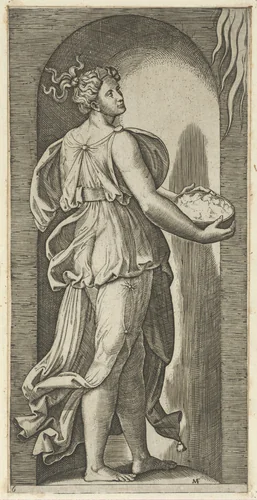 Hope personified as a woman standing in a niche facing right, holding a container of unleavened bread in both hands, from "The Virtues" by Marcantonio Raimondi, print, 1510-1520