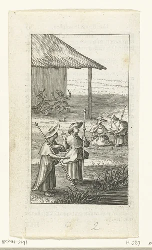 Duyfken en Willemynken bij oever van rivier tijdens pelgrimage by Boëtius Adamsz. Bolswert, print, 1590-1627