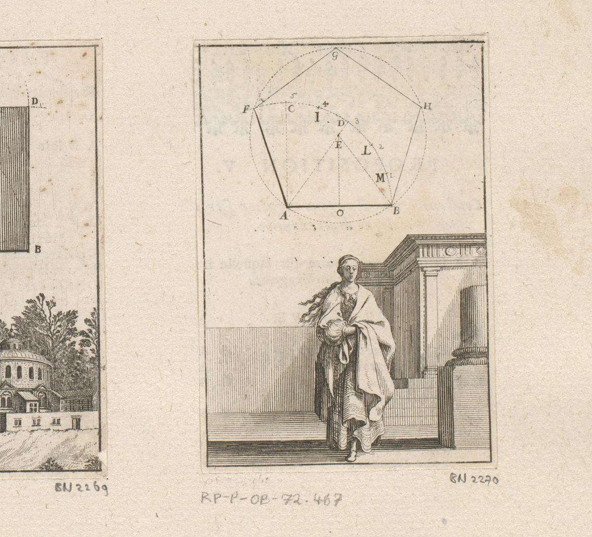 Gelijkzijdige vijfhoek met vrouw bij een tempel by Sébastien Leclerc, print, 1669