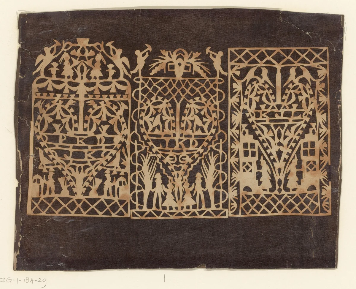 Drie knipkunstwerken met letters en mensen by anonymous, other, 1750-1849