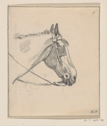 Hoofd van een paard met oogkleppen, naar rechts by Jean Bernard, drawing, 1817