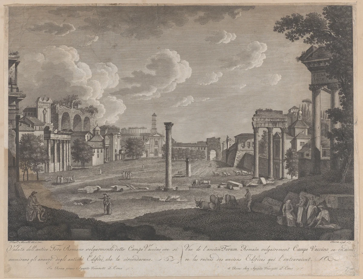 View of the Campo Vaccino, with the Colosseum in the background and the ruins of the Temple of Castor and Pollux at right by François Morel, print, 1796