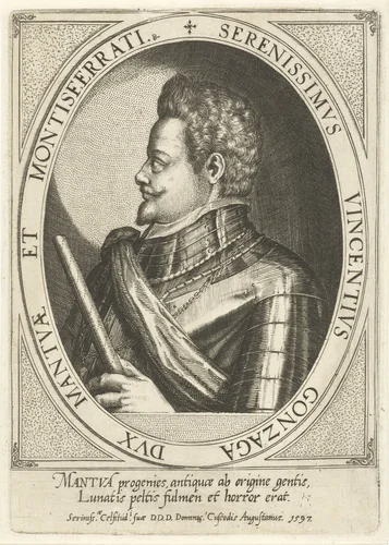 Portret van Vincenzo I Gonzaga, hertog van Mantua by Dominicus Custos, print, 1597