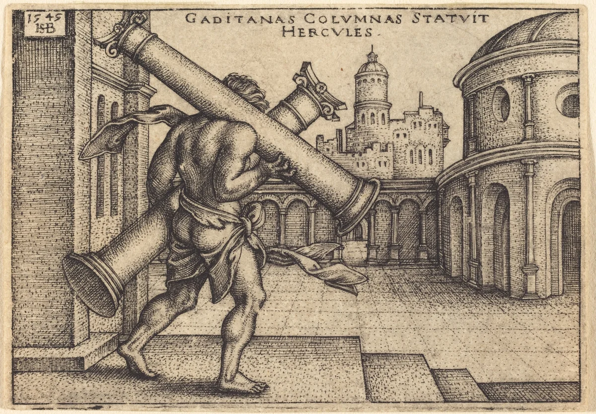 Hercules Carrying the Columns of Gades by Sebald Beham, print, 1545