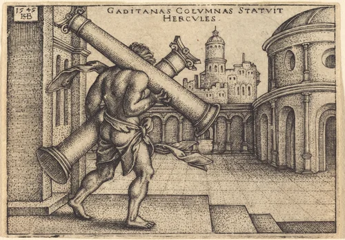 Hercules Carrying the Columns of Gades by Sebald Beham, print, 1545