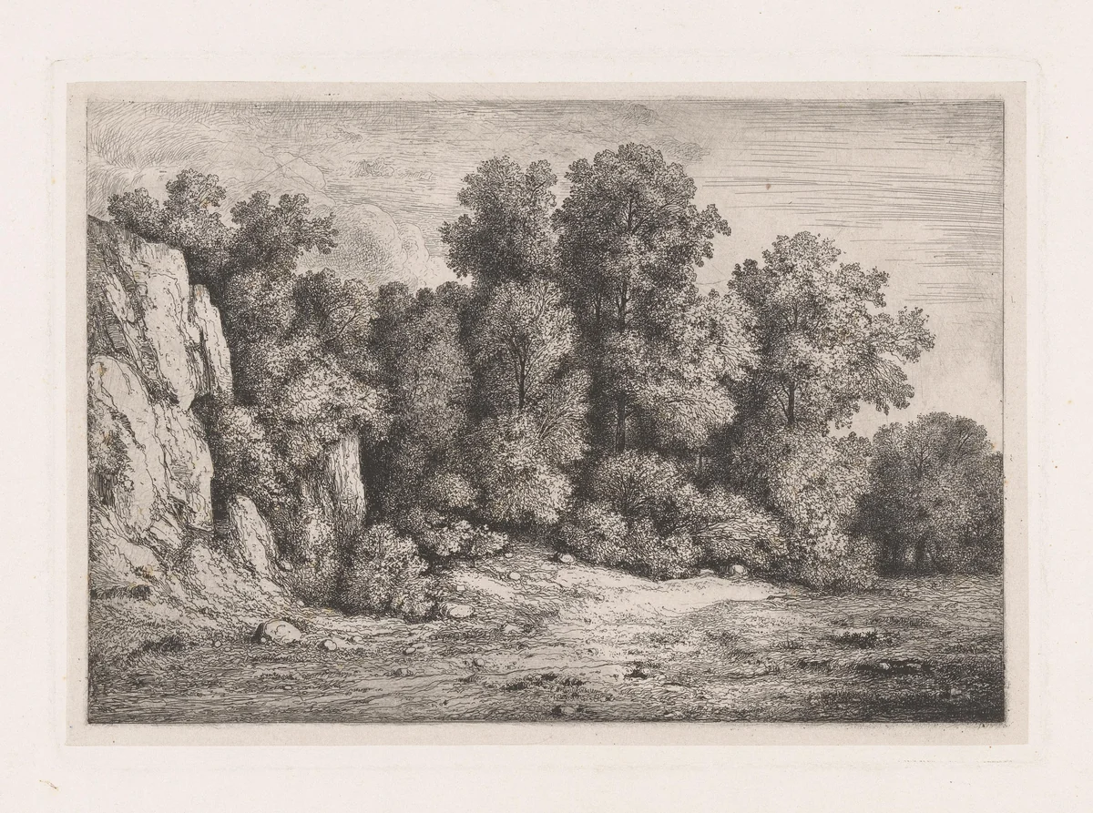 Bomen bij een rotswand by Jean Alexis Achard, print, 1817-1884