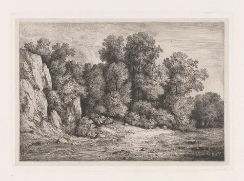 Bomen bij een rotswand by Jean Alexis Achard, print, 1817-1884