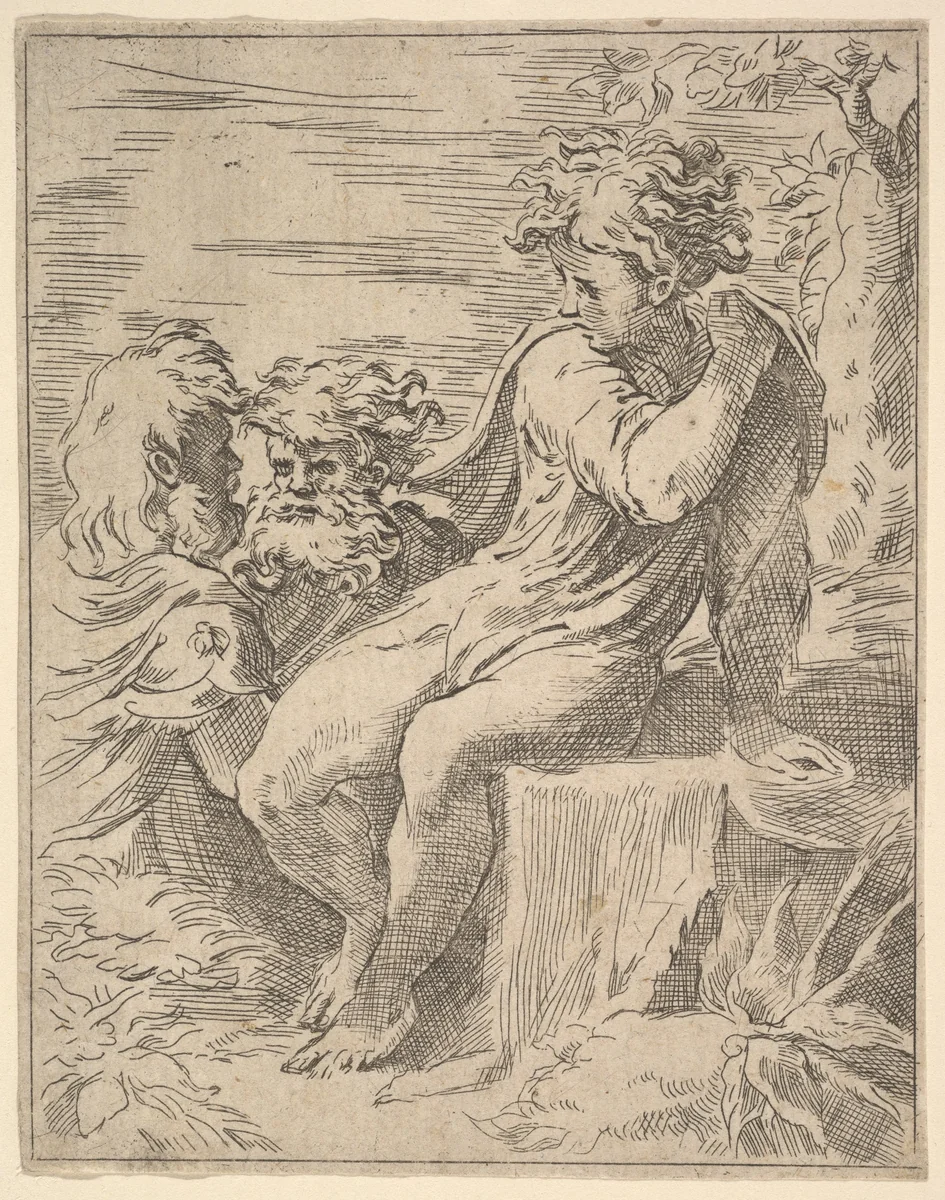 Youth with two Old Men by anonymous, print, 1600-1699