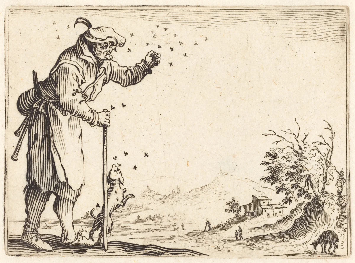 Peasant Attacked by Bees by Jacques Callot, print, 1622