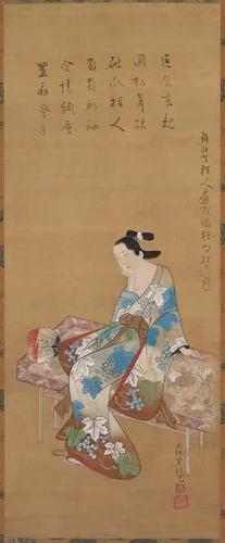 Courtesan Seated on a Bench Enjoying the Evening Cool in Summer by Kamigaki Hōryū, painting, 1615-1868