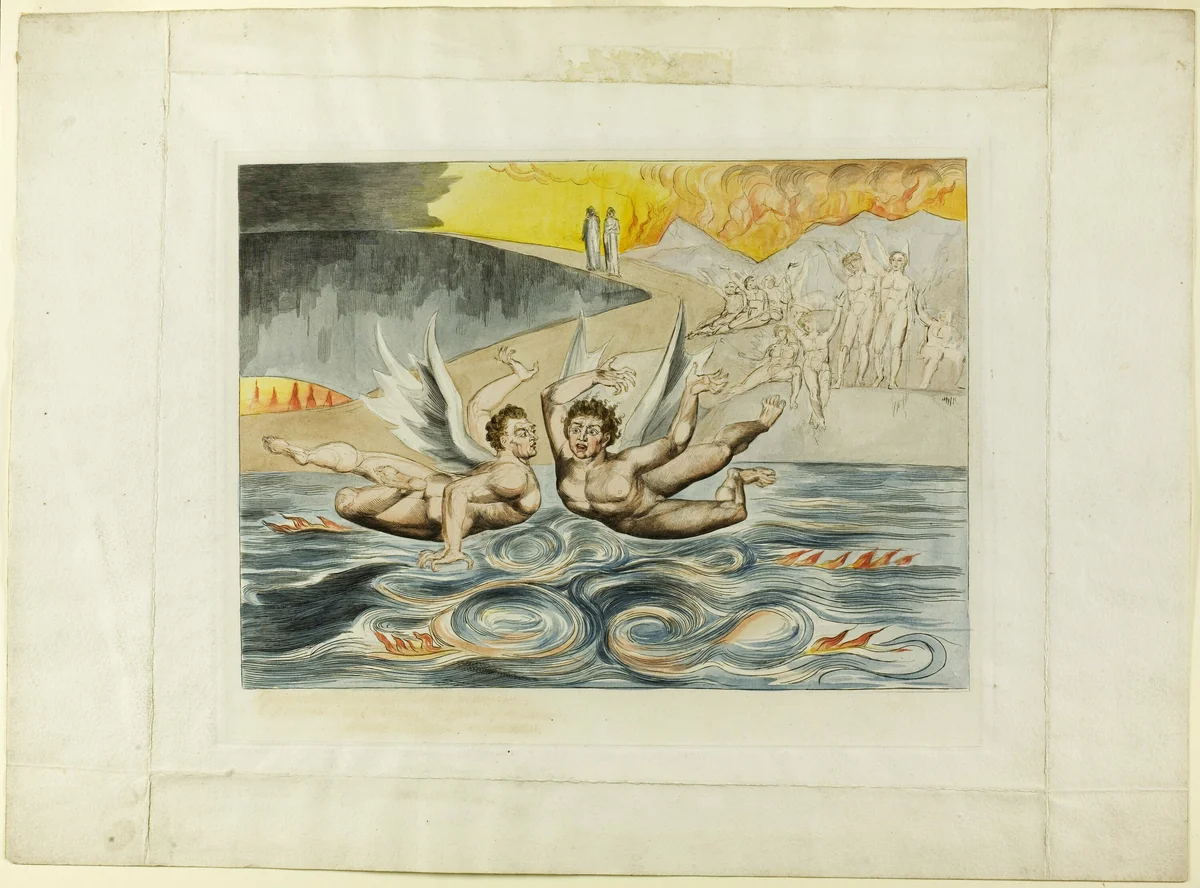 The Circle of the Corrupt Officials; the Devils Mauling Each Other. Inferno, canto XXII. by William Blake, print, 1827