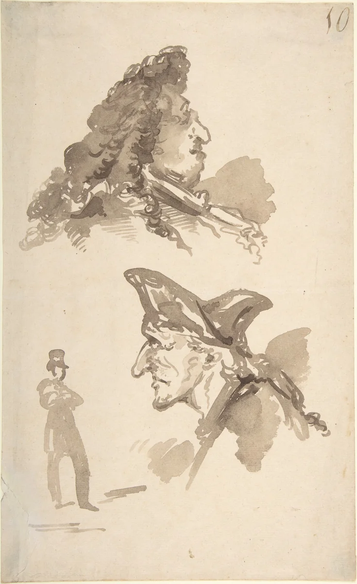 Sheet of Studies: Two Male Heads in Profile and Standing Man by Jean Baptiste Isabey, drawing, 1785-1855