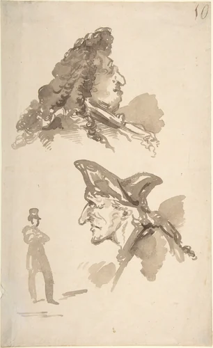 Sheet of Studies: Two Male Heads in Profile and Standing Man by Jean Baptiste Isabey, drawing, 1785-1855