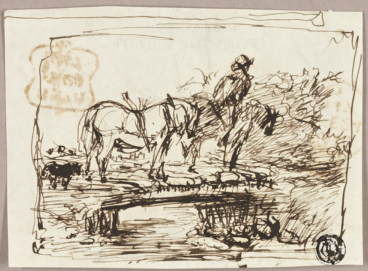 Sketch of Horses Crossing Bridge by John Burnet, drawing, 1842-1852