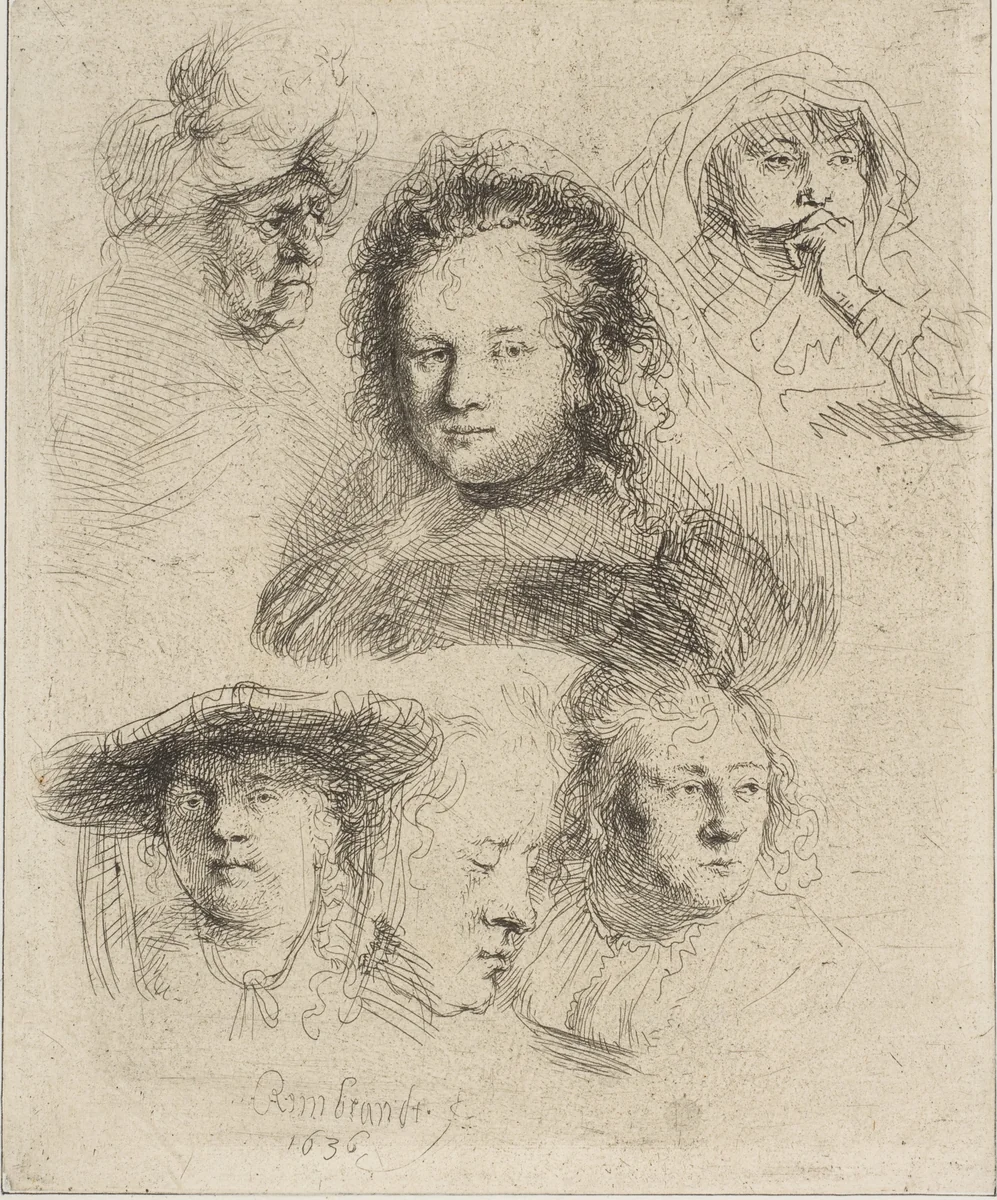 Rembrandt's Wife and Five Other Heads by Rembrandt van Rijn, print, 1636
