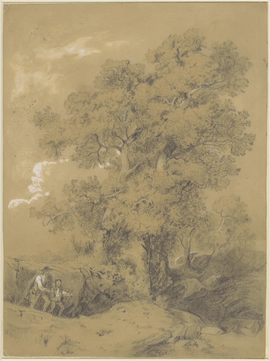 Blinde man wordt door een jongen geleid in een landschap met grote eikenbomen by Ludwig Munthe, drawing, 1851-1896
