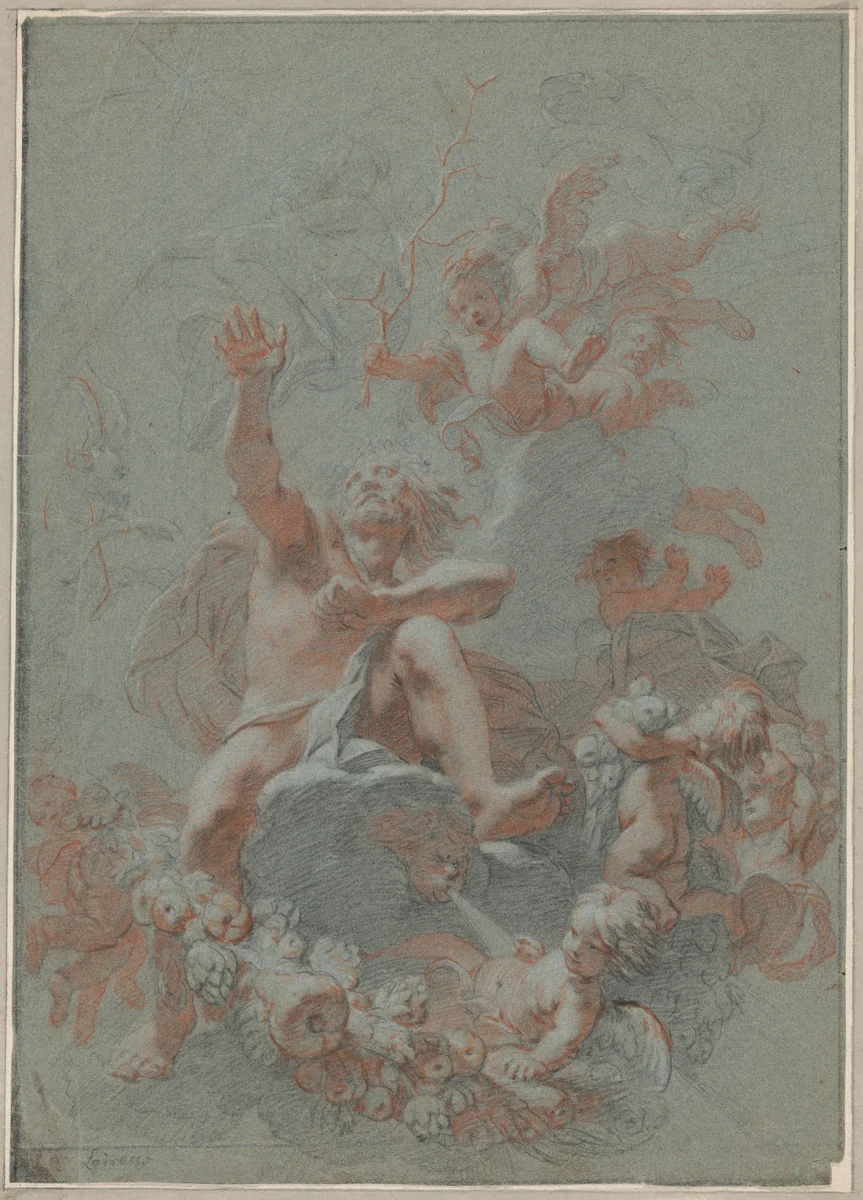 Design for a Ceiling: Aeolus Seated on Clouds Surrounded by Putti by Gerard de Lairesse, drawing, 1700-1799