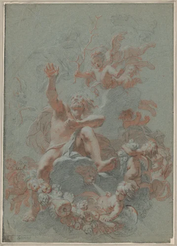 Design for a Ceiling: Aeolus Seated on Clouds Surrounded by Putti by Gerard de Lairesse, drawing, 1700-1799