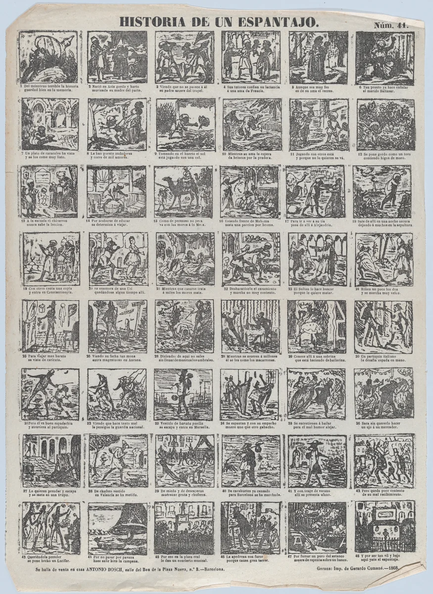 Broadside with 48 scenes relating to the story of a scarecrow by Antonio Bosch, print, 1868