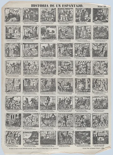 Broadside with 48 scenes relating to the story of a scarecrow by Antonio Bosch, print, 1868