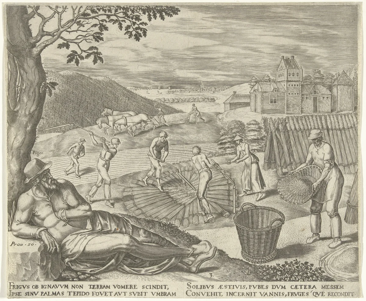 De luiaard ligt onder een boom tijdens het oogsten by Philips Galle, print, 1565