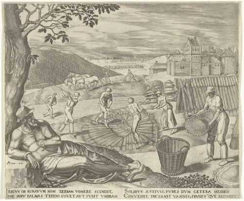 De luiaard ligt onder een boom tijdens het oogsten by Philips Galle, print, 1565
