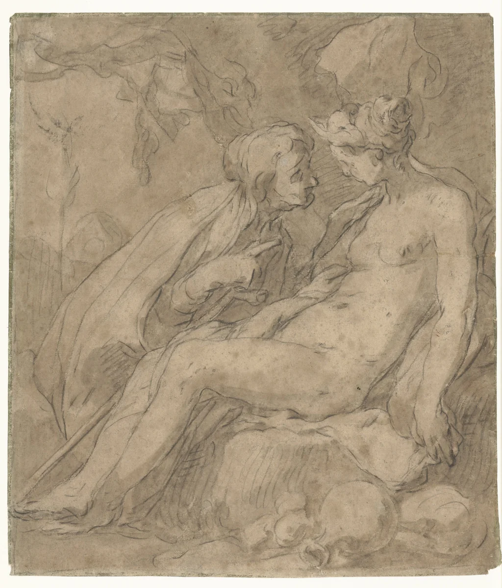 Vertumnus en Pomona (?) by Abraham Bloemaert, drawing, 1574-1651