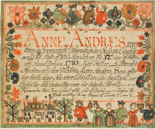Birth and Baptismal Certificate for Anne Andres by Johannes Ernst Spangenberg, drawing, 1783