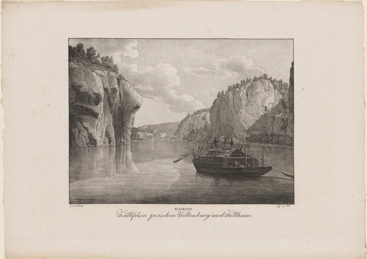 Baiern, Kalkfelsen zwischen Weltenburg und Kellheim (Bavaria, Chalk Cliffs between Weltenburg and Kellheim) by Jakob Alt, print, 1820-1826