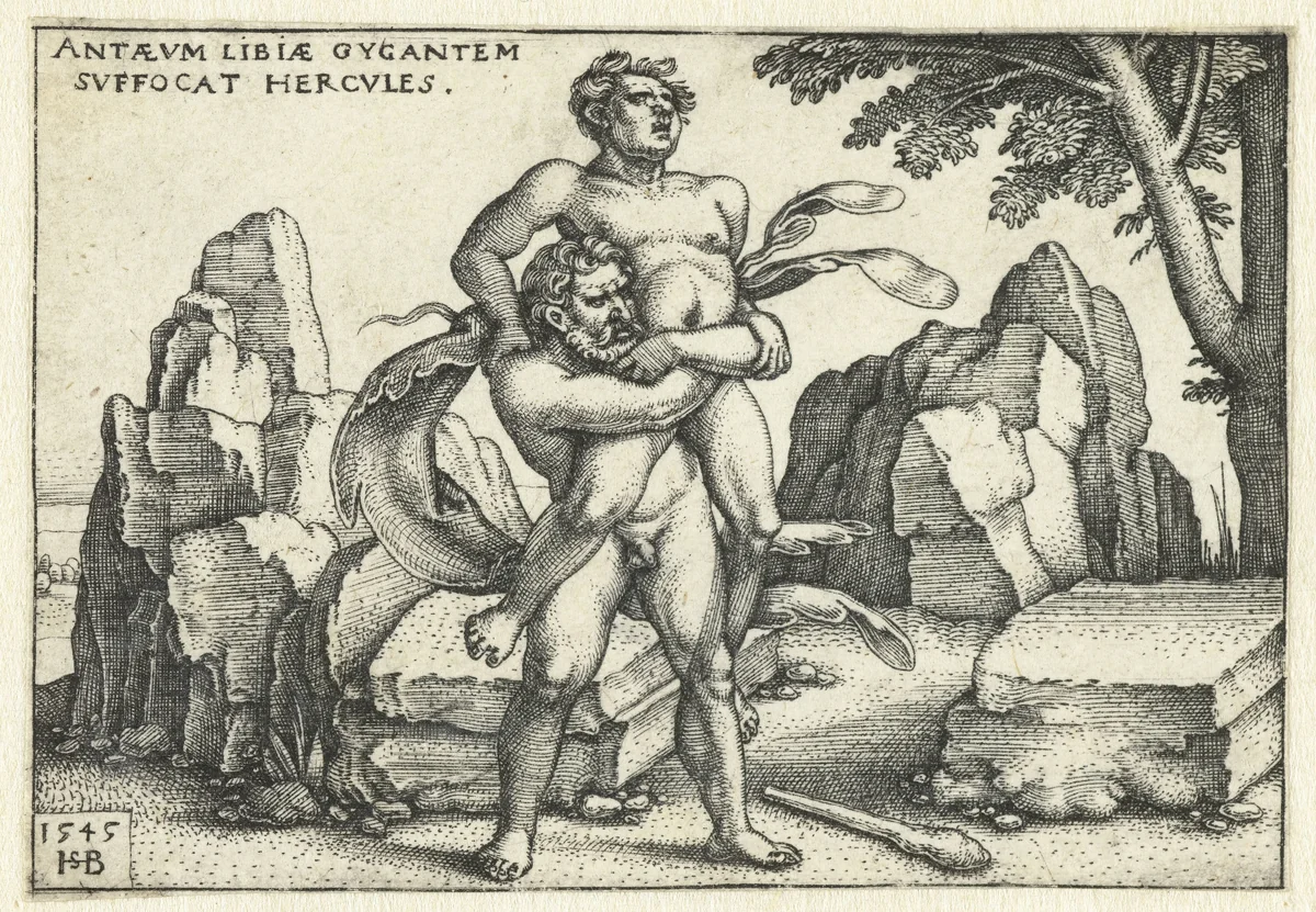 Hercules worstelt met Antaeus by Unknown, print, 1545