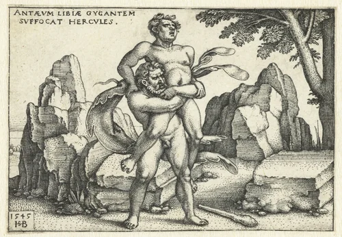 Hercules worstelt met Antaeus by Unknown, print, 1545