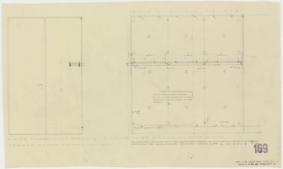 Tugendhat House, Brno, Czech Republic (Wardrobe walls. Elevation, section.) by Ludwig Mies van der Rohe, mies van der rohe archive, 1928
