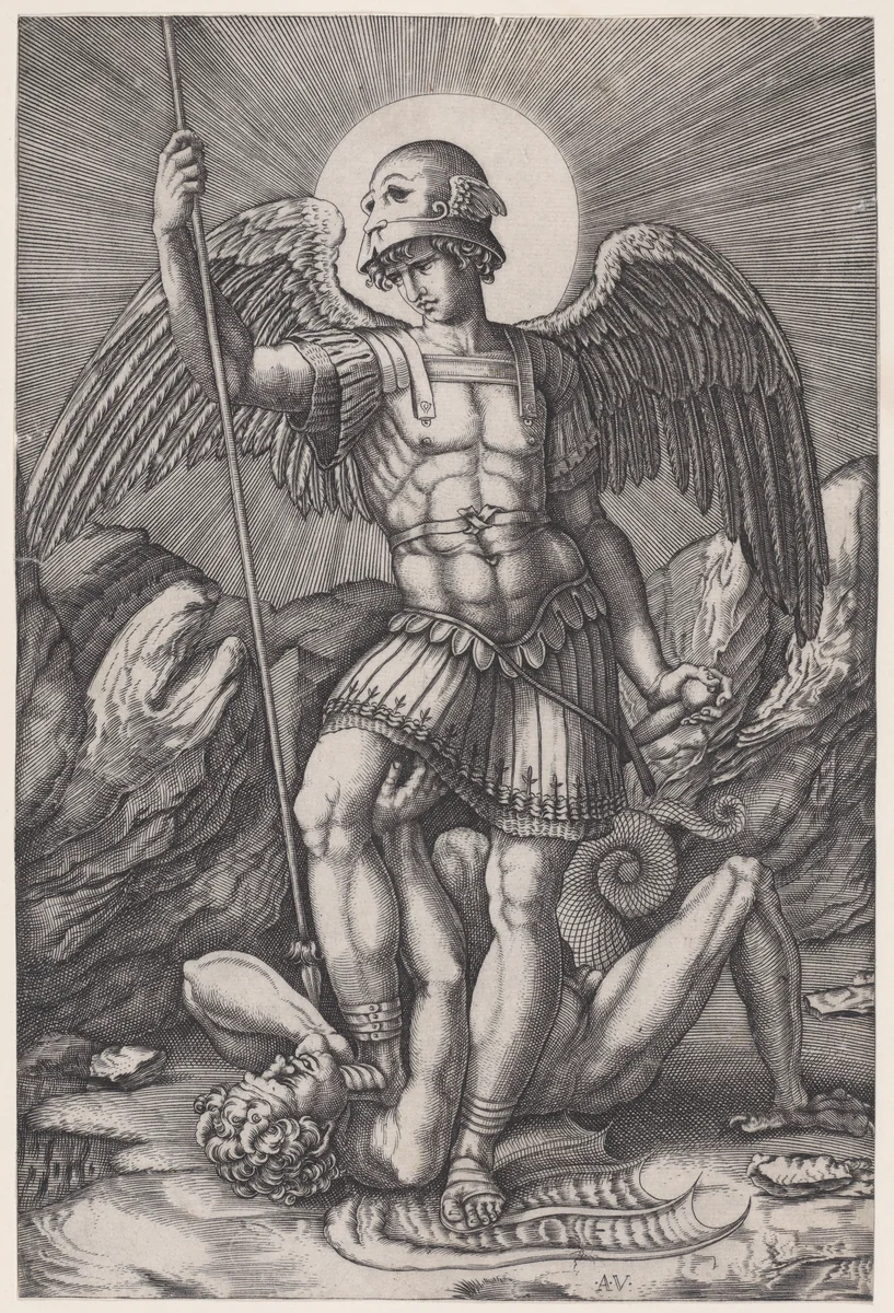 Saint Michael by Agostino Veneziano, print, 1509-1521