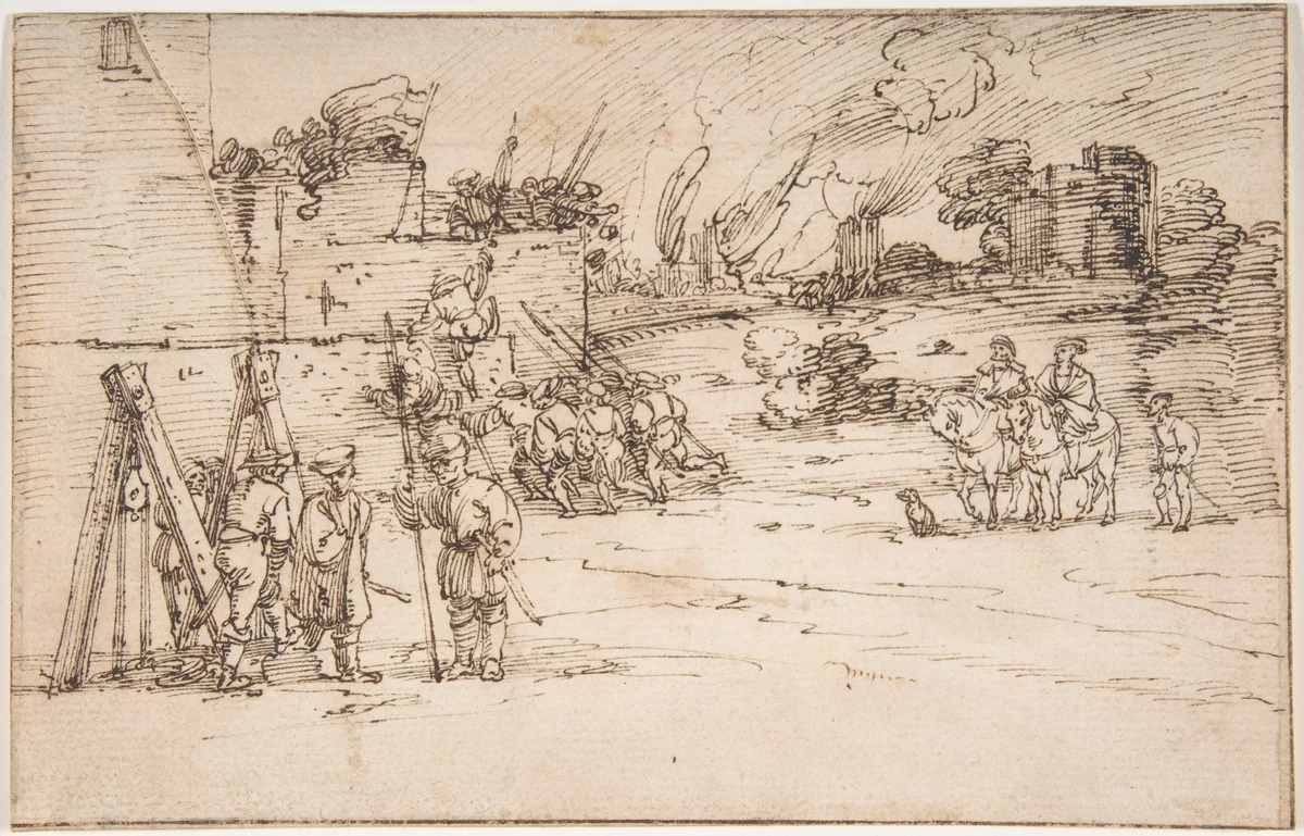 Soldiers Besieging a Castle by anonymous, drawing, 1525-1535