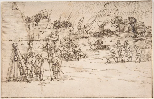 Soldiers Besieging a Castle by anonymous, drawing, 1525-1535
