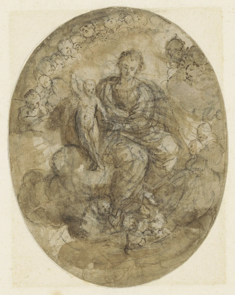 Madonna met kind tussen engelen op de wolken by Jerónimo Jacinto Espinosa, drawing, 1610-1680