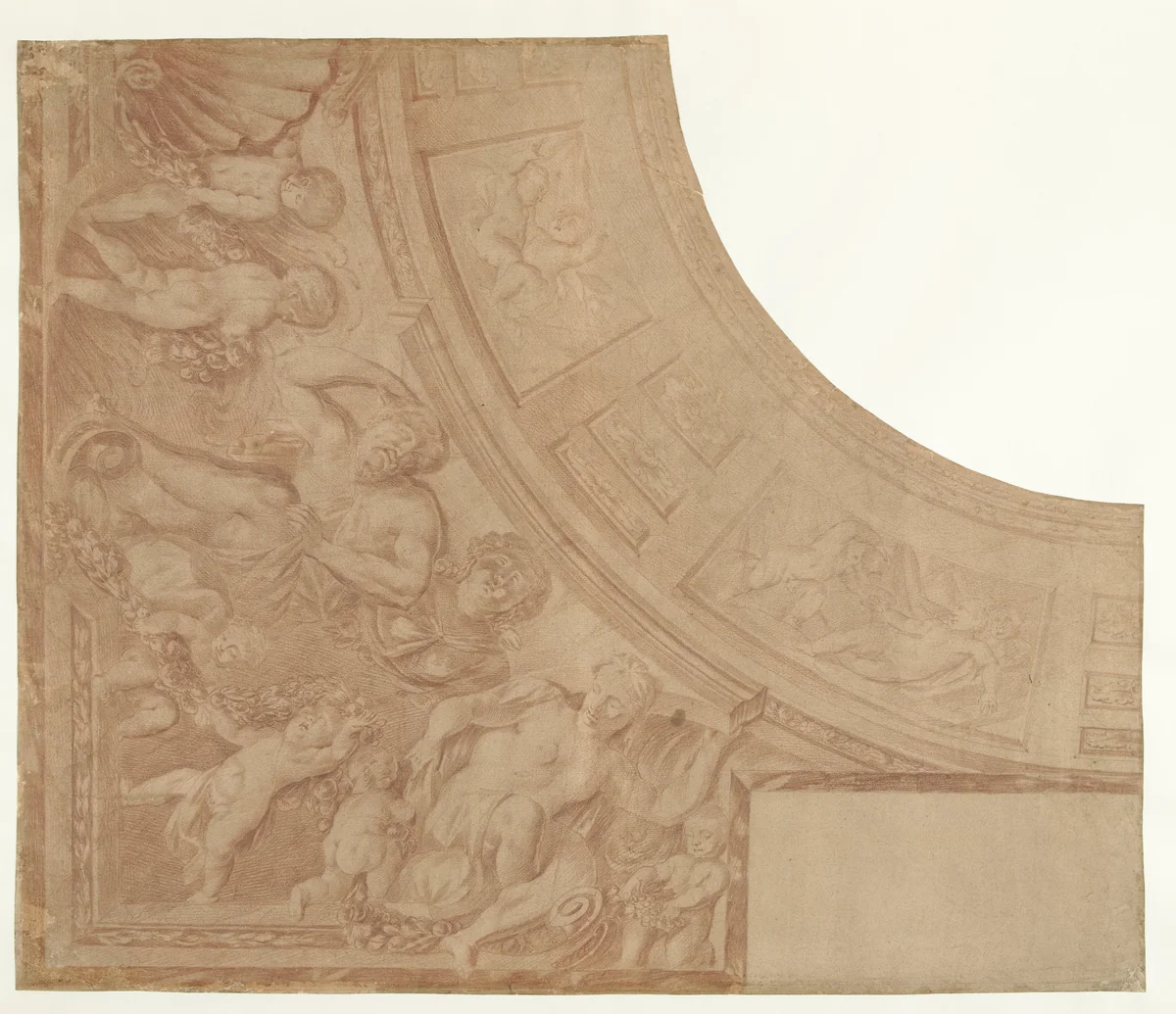 Ontwerp voor een hoekstuk van een plafond met zittende figuren, putti en buste van vrouw by Mattheus Terwesten, drawing, 1680-1757