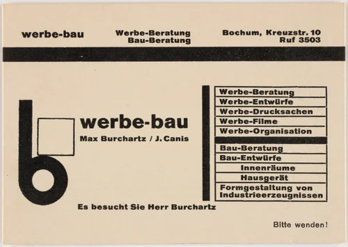 Stationery card for Werbe-bau by Max Burchartz, design, 1925
