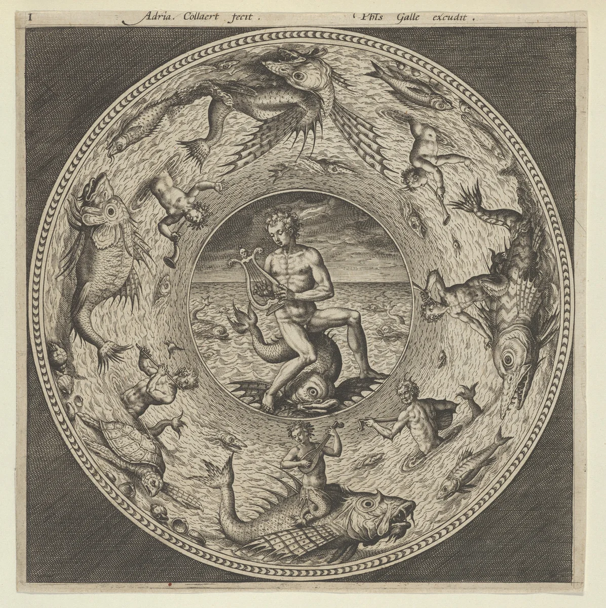 Design for a Plate with Arion Riding a Dolphin in a Medallion Bordered by Sea Monsters by Adriaen Collaert, print, 1595-1605