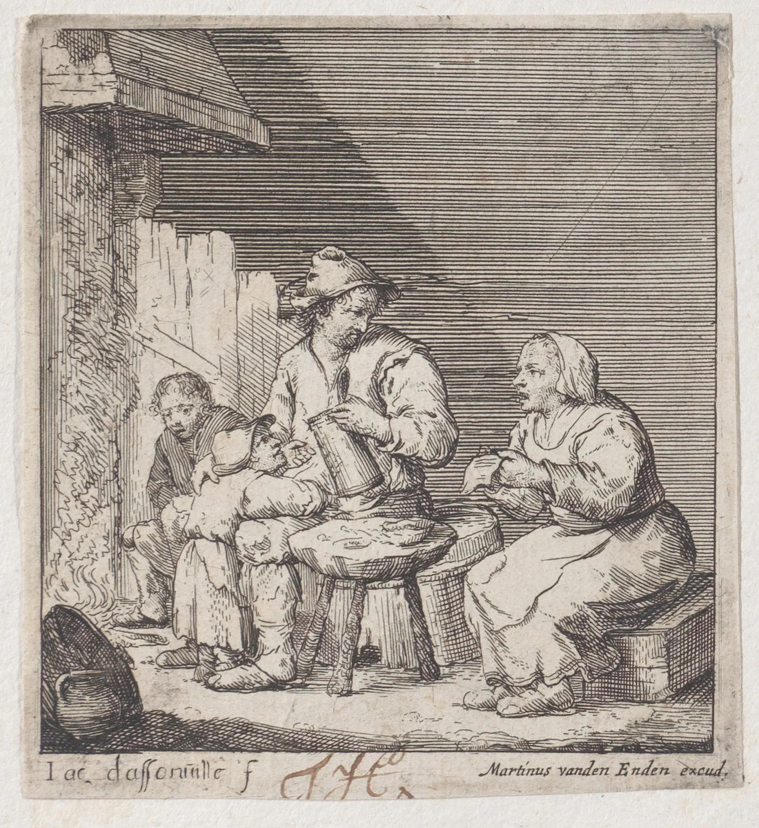 A family of four peasants gathered before the fireplace by Jacques Dassonville, print, 1635-1675