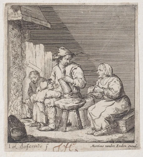 A family of four peasants gathered before the fireplace by Jacques Dassonville, print, 1635-1675