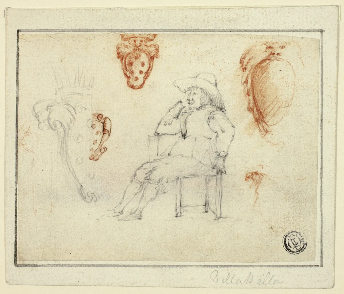Sketches of Seated Man, Medici Coats of Arms by Stefano della Bella, drawing, 1630-1664