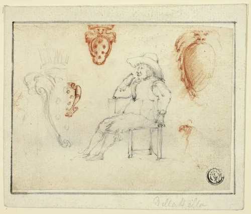 Sketches of Seated Man, Medici Coats of Arms by Stefano della Bella, drawing, 1630-1664