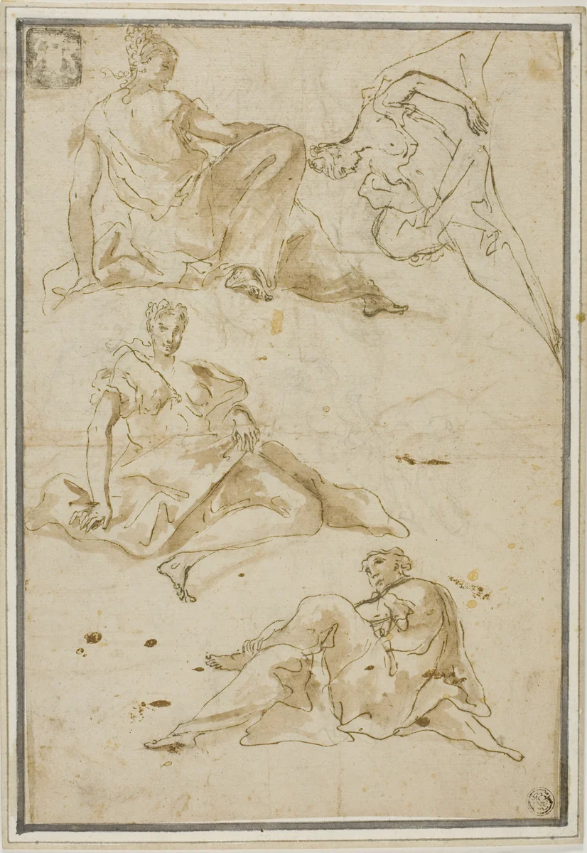 Sketches of Four Draped Female Figures (for Pendentives) by Pierre Hubert Subleyras, drawing, 1700-1799