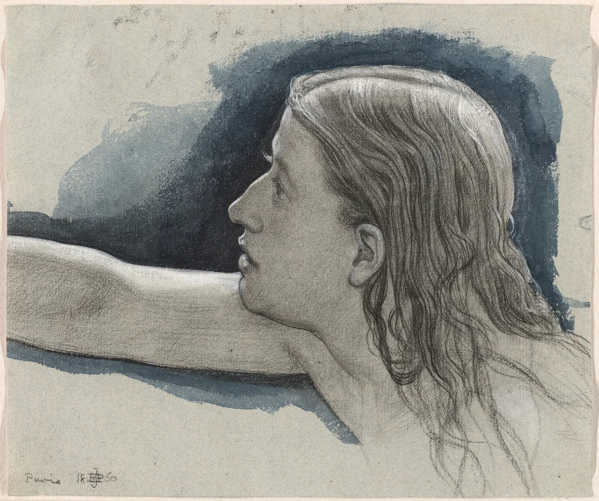 Study of a Young Man's Head with Right Arm Outstretched by Edward John Poynter, drawing, 1860