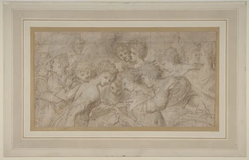 Embracing Female Figures, Some Holding Musical Scores. by Girolamo Mirola, drawing, 1570-1573