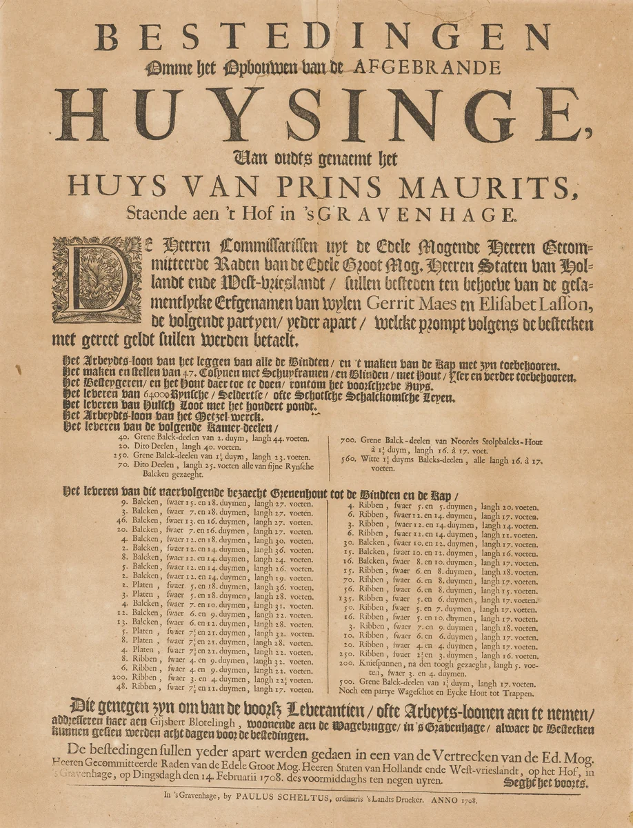 Poster Announcing a Call for Tenders for the Reconstruction of the Mauritshuis by Paulus Scheltus, poster, 1708